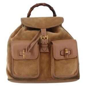 GUCCI Bamboo Backpack Suede Brown Gold